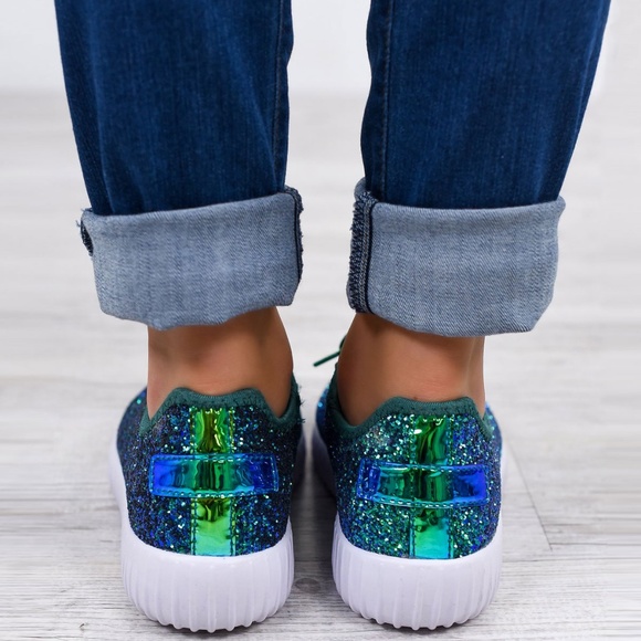 HP 💃 Light-Weight Mermaid Green Glitter Lace Up Slip-On Sneaker Gym Yoga - Picture 3 of 4